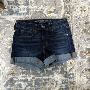American Eagle Outfitters Dark Blue Denim MIDI Shorts with Contrast Stitching
